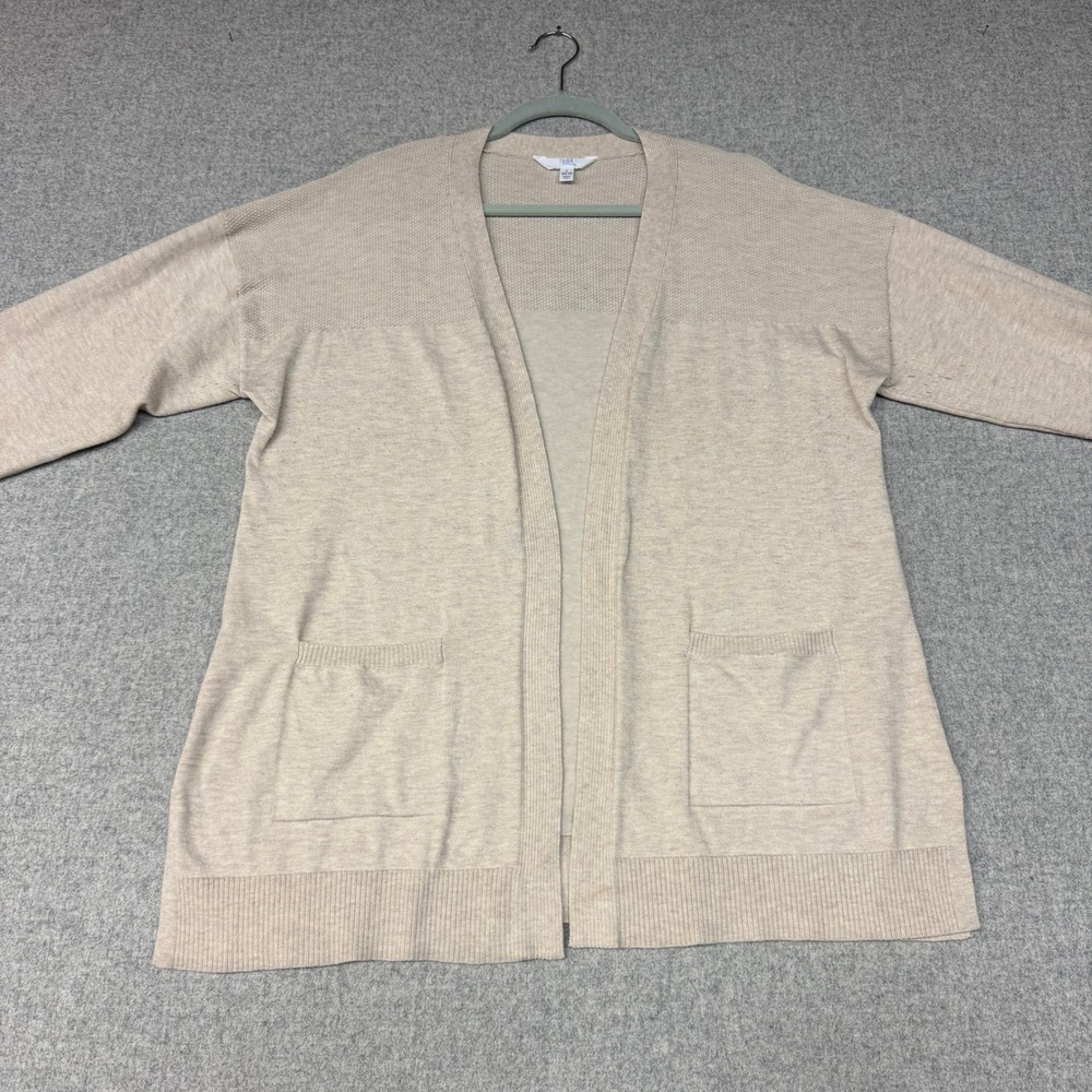 Time and Tru Open Front Cardigan L 12-14 Oatmeal Beige Pockets Knit Sweater